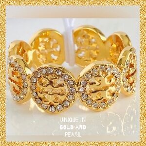 🆕Tory Burch Authentic Gold & Crystal Embellished Monogram & Swarovski Pave Ring6